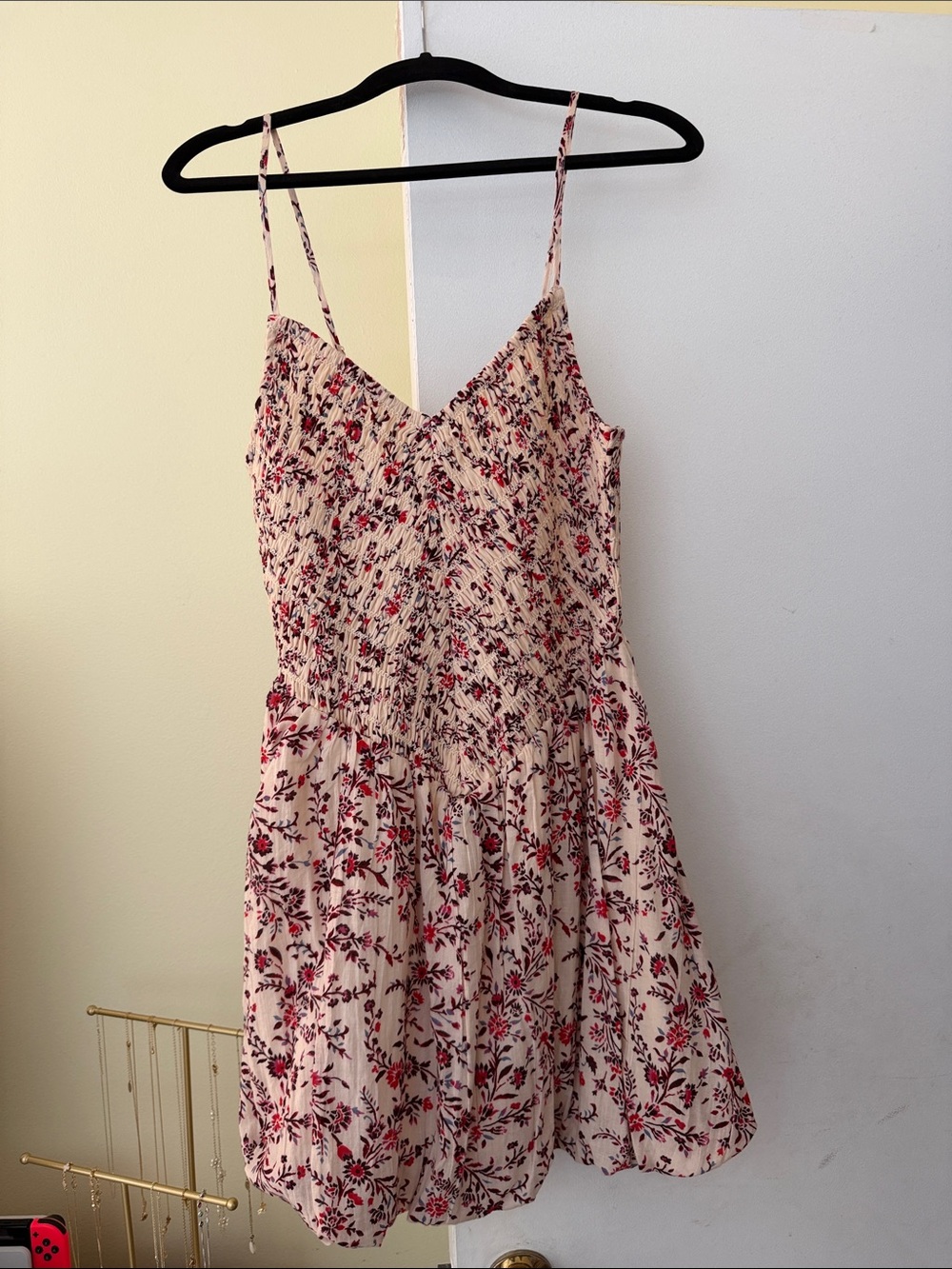American Eagle Outfitters Cream Floral Smocked Mini Dress with Red Accents